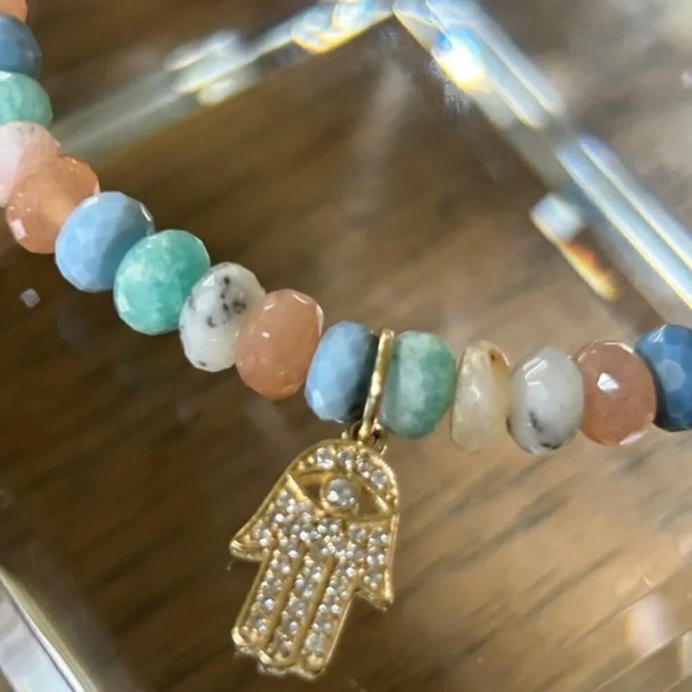 RARITIES Carol Brodie Multi Gemstone Bead Bracelet with HAMSA CHARM S-M